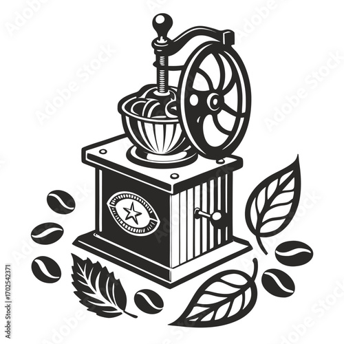 Detailed Vintage Coffee Grinder with Beans and Leaves on White Background antique manual
