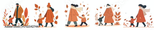vector of parents and children walking hand in hand in autumn