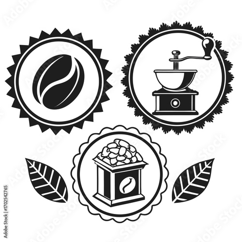Set of three black and white coffee icons including a coffee bean, a manual coffee grinder, and a coffee bean dispenser with leaves