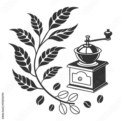 Silhouette of a Manual Coffee Grinder with Coffee Plant Branch and Beans hand crank