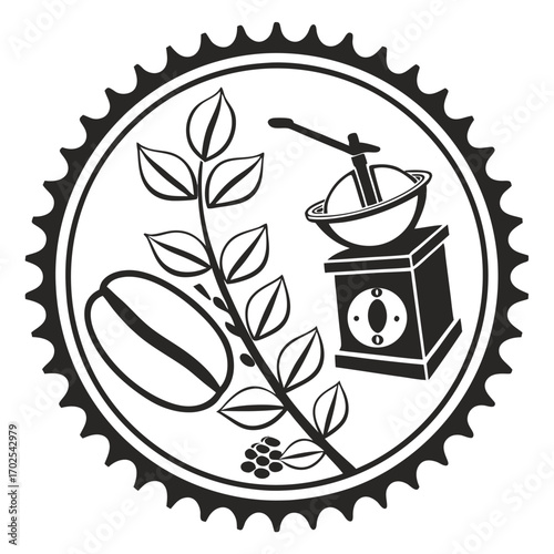 Vintage Coffee Grinder and Coffee Bean Branch Emblem with Serrated Border Keywords: coffee, grinder, vintage, bean, branch, leaves, berries, emblem, seal, logo, illustration, black and white