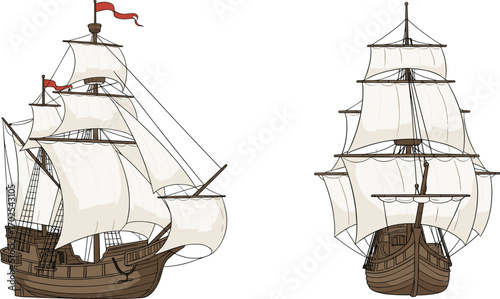 Historic wooden sailing ships side and front view, Age of Exploration vessels with sails and rigging, maritime heritage, CAD drawing flat vector illustration