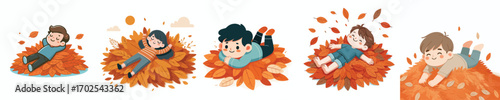 vector of a happy children lying on a pile of dry leaves