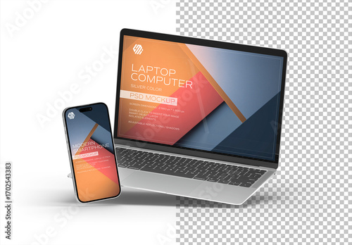 Floating Mobile Phone and Laptop Mockup Isolated on White