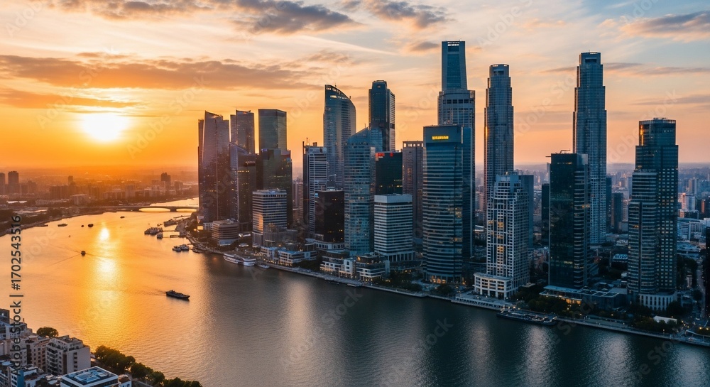 Fototapeta premium Breathtaking Singapore skyline shimmers at sunset reflecting in the river offering modern cityscape beauty