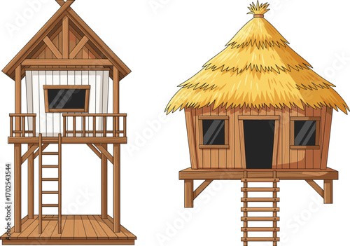 Elevated wooden house and traditional thatched hut on stilts, rural architecture, flood‑resistant homes, cultural heritage buildings, detailed CAD drawing flat vector illustration
