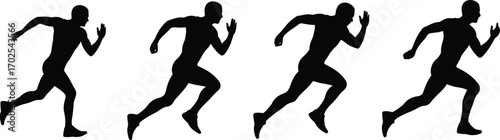 Silhouette illustration of male runner sprinting sequence showing athletic motion, dynamic movement, sports training, fitness exercise, speed running concept vector art