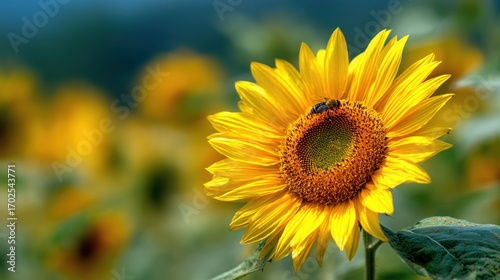 Close-Up of Sunflower with Bee in Blooming Field
