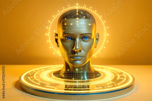 Golden human head bust with glowing blue eyes and digital light halo, symbolizing artificial intelligence and advanced technology.