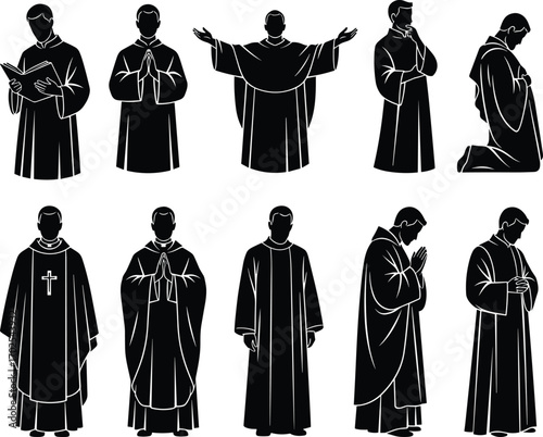 Catholic priest silhouette in various poses, praying, reading bible, religious ceremony, holy man, faith, spirituality, worship, church service