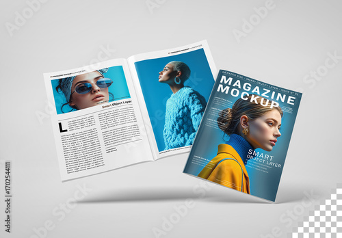 Magazine Cover and Open Magazine Mockup Floating On White Background
