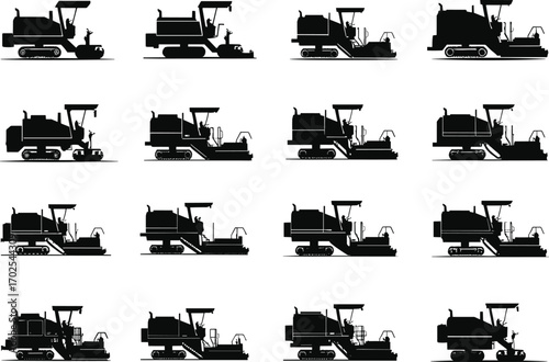 Black silhouette of construction equipment machines, heavy-duty construction vehicles, paving machines, construction machinery tracks, construction industry tools