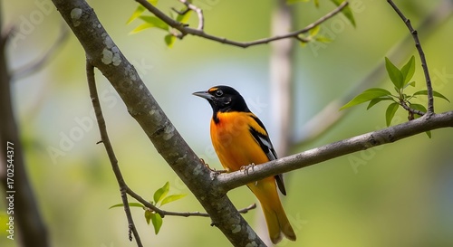 Bright Orange Bird Perched on a Branch.