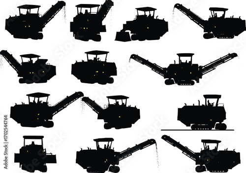 Full Black Silhouette of Construction Equipment with Yellow Lights, Excavator and Conveyor, Heavy Machinery, Construction Site, Digging, Excavating