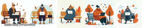 vector of a person sitting looking at a laptop on a park bench in autumn