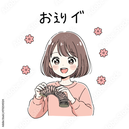 Japanese schoolgirl playing with a slinky toy with cherry blossoms vector illustration