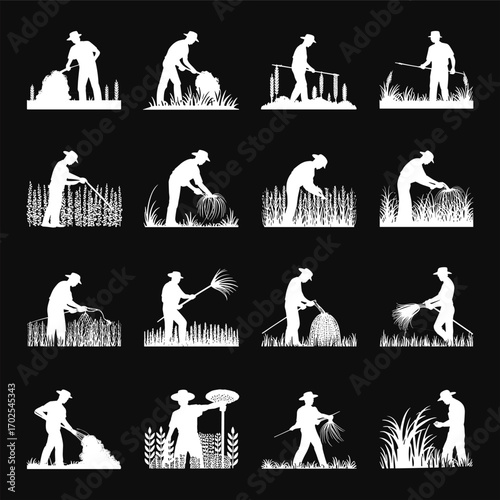 Silhouette of farmer working in field, agricultural labor, harvesting crops, traditional farming, rural lifestyle, farm worker with tools, cultivating plants, farming activity, countryside worker