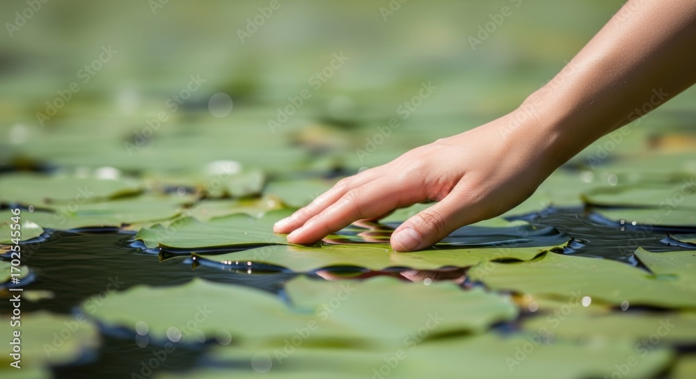 Obraz premium Female hand touching lily pads on a pond surface in nature scene