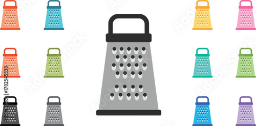 various colorful kitchen graters arranged around central metal grater