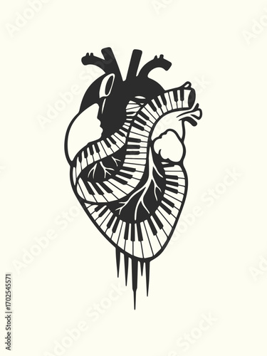 Human heart illustration shaped with piano keys surreal surrealism design concept tattoo vector creative artwork