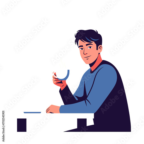 Illustration of a handsome man in a blue sweater having a drink, taking a relaxing pause. A simple, minimalist concept of a quiet break and daily life