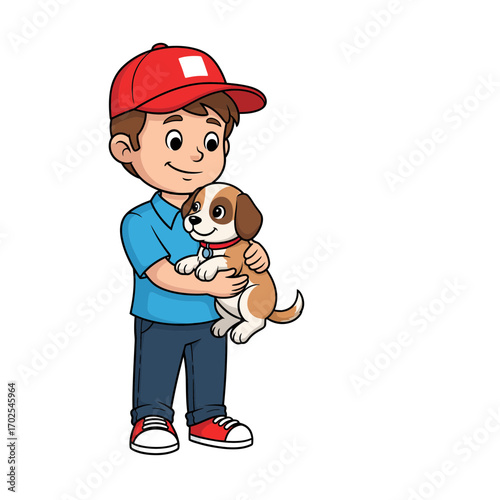 Cartoon illustration of a happy young boy tenderly holding his adorable puppy dog