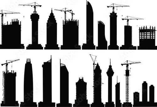 High-rise construction silhouettes with cranes, modern city skyline, building under construction, black silhouette towers, cranes in action, urban construction project