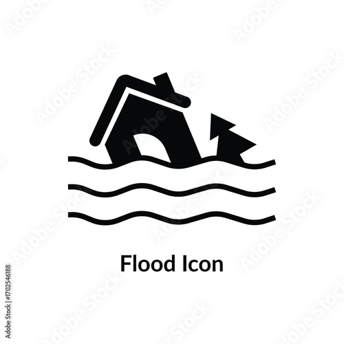 Flood Icon Vector Black Illustration. Flooding Water Icon. Natural Disaster Water Overflow Vector Symbol. 