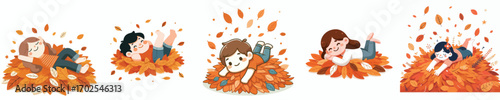 vector of a happy children lying on a pile of dry leaves