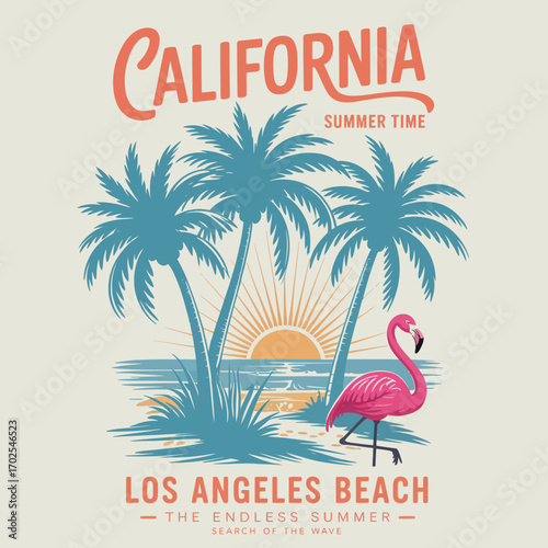 Women's beach T-shirt Printing, Retro Los Angeles, California beach vibes artwork, Surf club tee design. Sunshine Surf club artwork. vintage beach wear graphic design palm tree  vector design