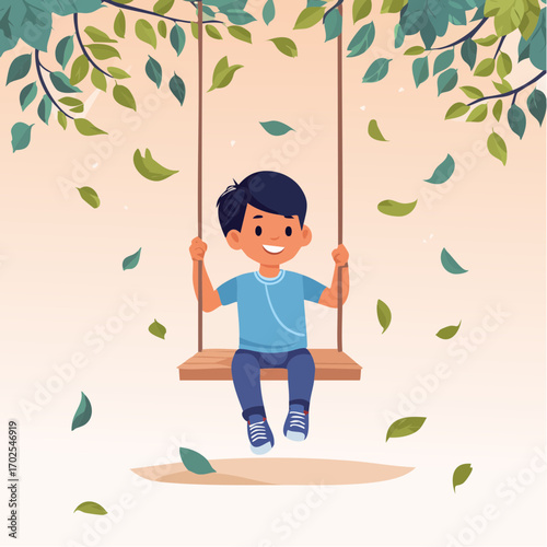 Joyful boy smiles swinging happily under leafy branches amidst falling leaves