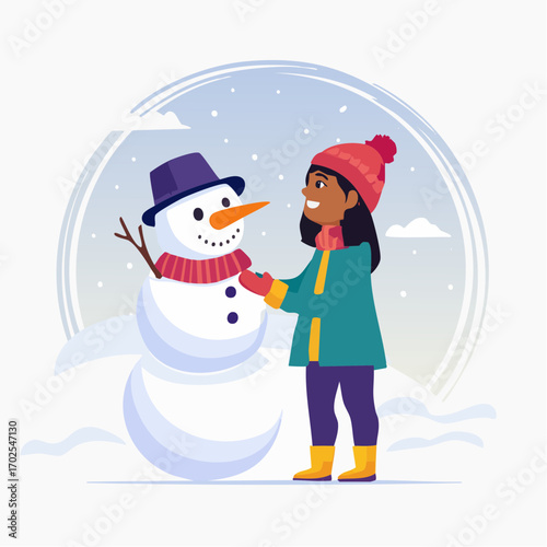 Joyful child building snowman in snowy winter wonderland, creating winter magic and outdoor fun
