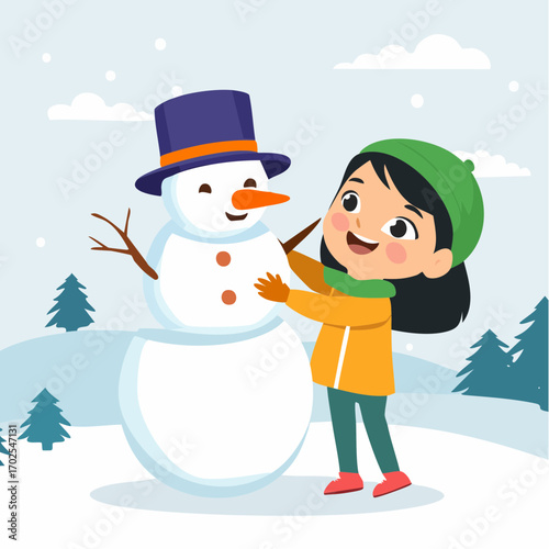 Joyful child creating a snowman, celebrating winter fun and outdoor activities with a smile.