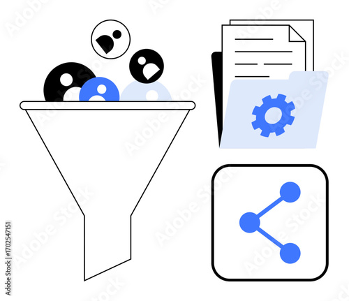 Funnel processing data, folder with documents and gear icon, and sharing network icon. Ideal for data analysis, file management, workflow, connectivity, optimization, data sharing simple landing