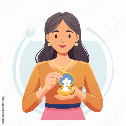 Elegant woman admiring compact mirror with flower design, a modern beauty illustration