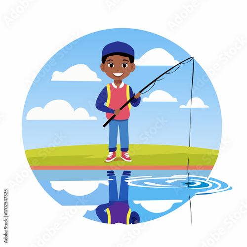 Joyful boy happily fishes by tranquil lake reflecting clear blue sky and fluffy clouds