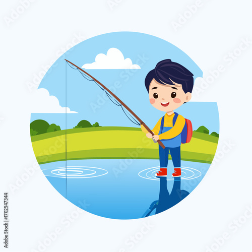 Joyful child happily fishing in a serene lake surrounded by vibrant green hills and blue sky