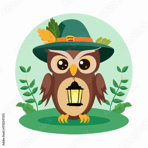 Adorable cartoon owl wearing a hat and holding a lantern, perfect for whimsical designs.