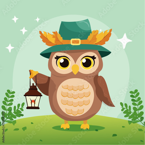 Whimsical owl with lantern and autumn hat brings warmth and wonder on a magical night