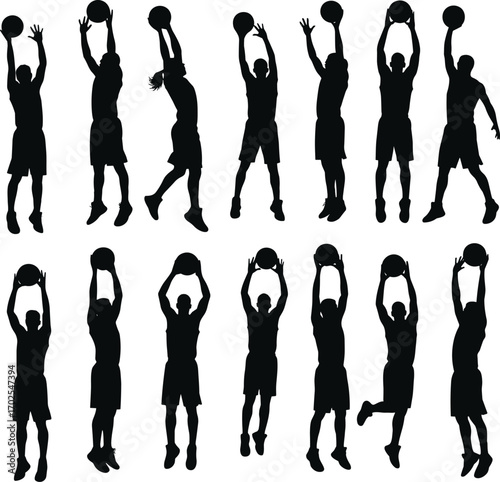 Basketball player silhouette set, jump shot pose, ball throwing action, athlete icon collection, basketball vector illustration for sports design