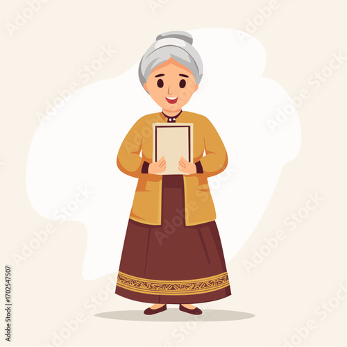 Joyful elder woman holding document, radiating warmth and wisdom in traditional attire.