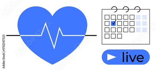 Blue heart with heartbeat line, calendar marked with a check, and live broadcast button. Ideal for health, medical, planning, tracking, fitness schedules virtual events. Flat simple metaphor