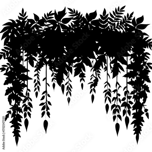 Jungle canopy silhouette PNG, layered leaves, vines.