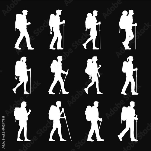 Silhouette of hikers walking with backpacks and trekking poles, outdoor adventure, nature exploration, 