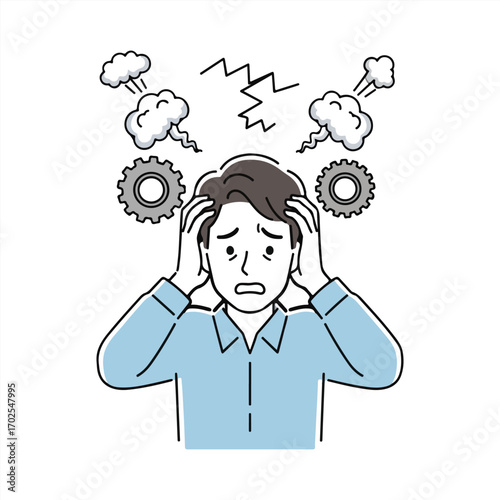 Stressed man with gears and steam clouds on white background worried anxious
