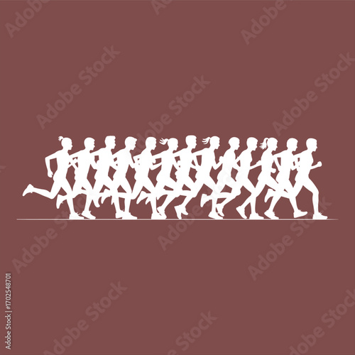 Silhouette of marathon runners in motion, group jogging together, active lifestyle, fitness workout, outdoor sports, race competition, healthy running, athletic training scenet