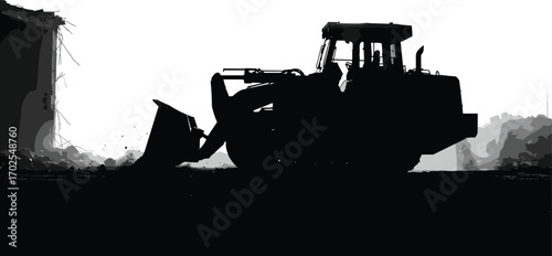 Full black silhouette of bulldozer in construction site, heavy machinery clearing debris, powerful excavation equipment, silhouette construction vehicle, building demolition, machinery in action