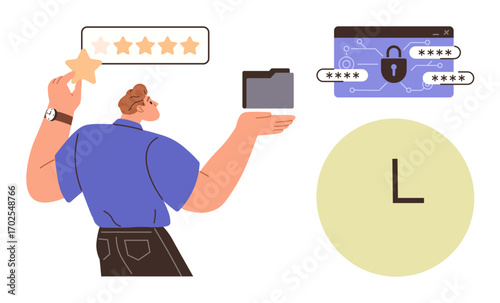 Man holds a star and a folder while managing ratings, cybersecurity, passwords, and time. Ideal for security, reviews, productivity, organization IT feedback timeliness. Simple flat metaphor