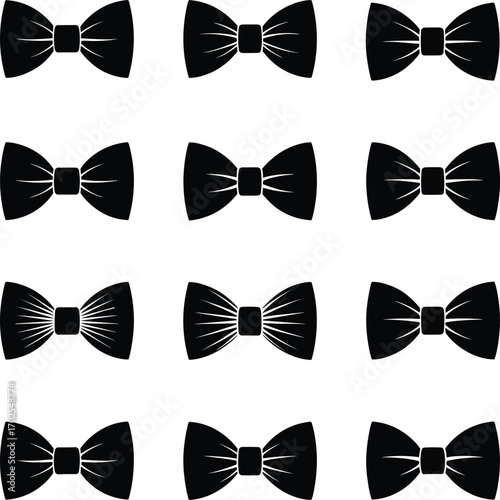 Black bow tie icons, elegant formal wear symbols, classic neck bow silhouette set, fashion accessory vector, tuxedo bow illustration collection