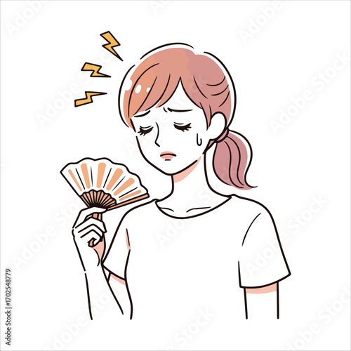 Woman fanning herself with a hand fan feeling hot female heat